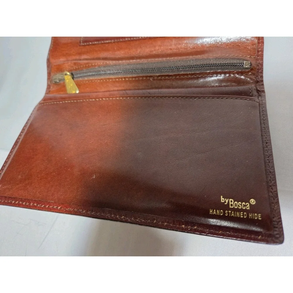 Vintage Bosca Women's Brown Leather Wallet Folding w Card ID Window  & Zip Coin